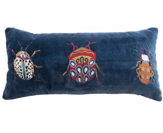 Cotton Velvet Lumbar Pillow with Bug Embroidery