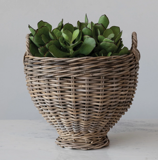 Hand-Woven Rattan Footed Basket with Handles