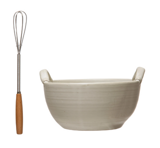 This batter bowl set is perfect for anyone that loves cooking and baking. Made out of stoneware, this bowl comes with a wooden handle whisk, and features a cream colored reactive glaze finish. This set is the perfect addition to any home, and adds extra style to any kitchen.