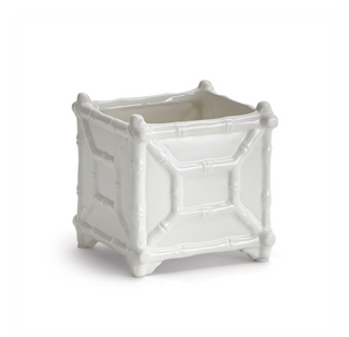 This clean, white cachepot is made in classic style. With unmistakable chinoiserie-inspired bamboo details, it is sure to be a bestseller. Use as cachepot or plant directly into. Protect fine furniture by lining interior of pot. Protect from frost and hard freeze. Dimensions: Large - 7.25 x 7.25 x 6.5; Small - 5 x 5 x 5