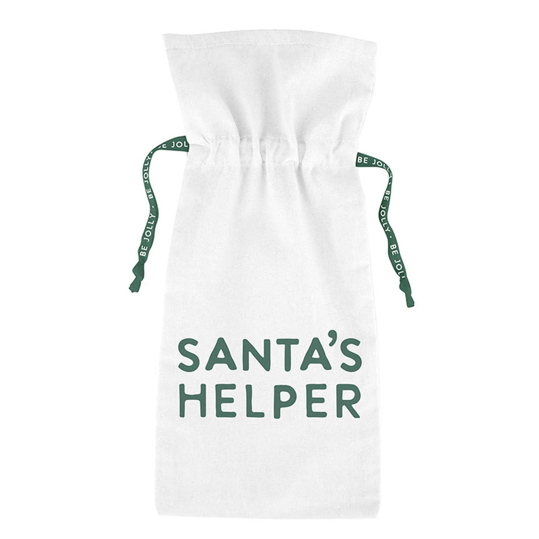White drawstring bag with 'Santa's Helper' text on a white background
