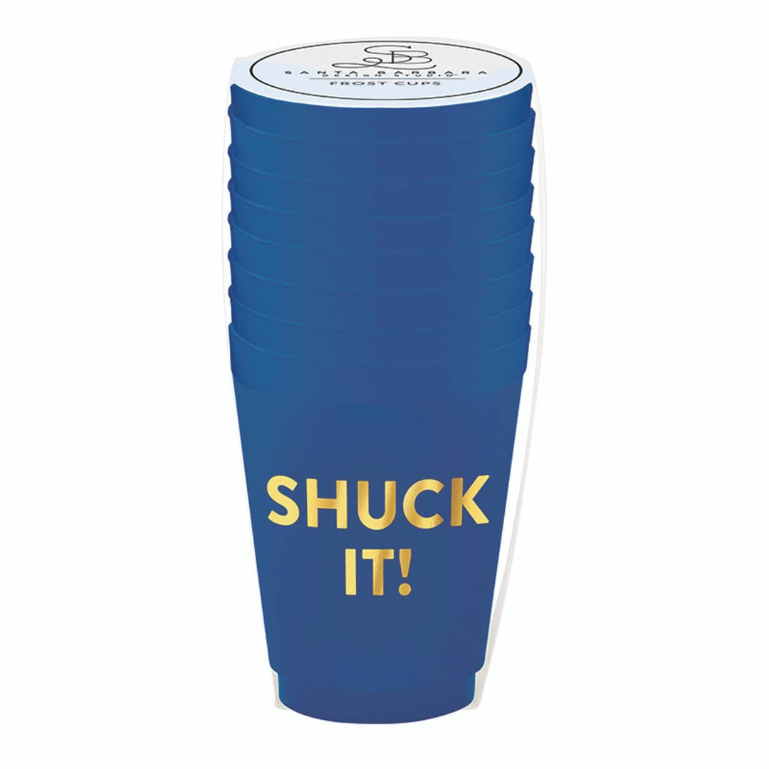 Stack of blue paper cups with yellow text 'SHUCK IT!' on a white background