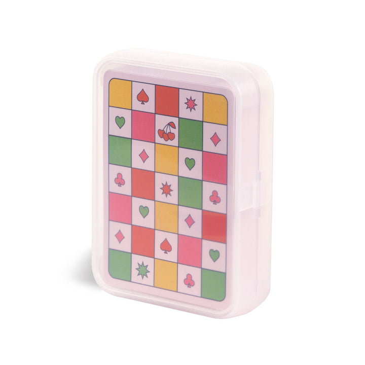 Card game box with colorful card designs on a white background