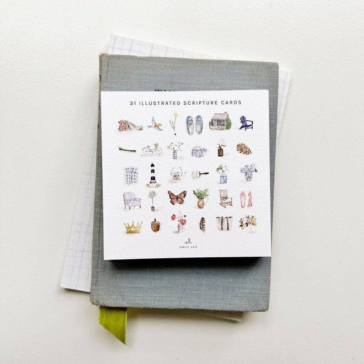Card with illustrated scripture cards on a white background
