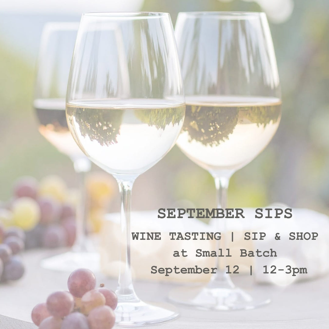 September Sips Promotional poster showing 3 glasses of white wine with red grapes