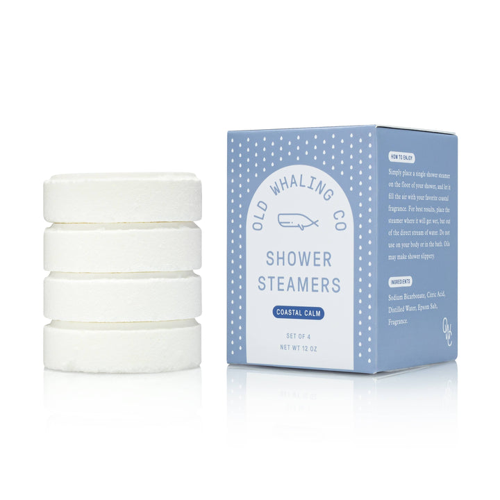 Set of white shower steamers with a blue box labeled 'Old Whaling Co' on a white background