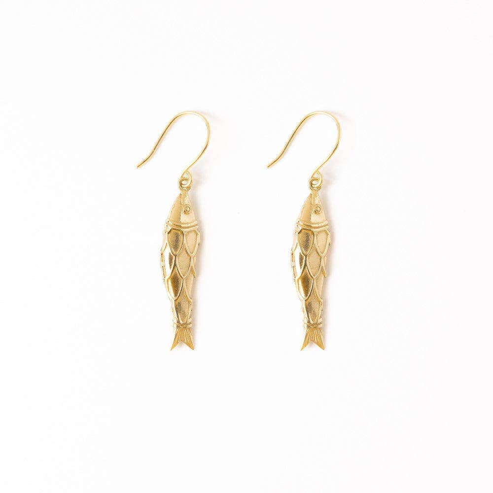 Gold fish-shaped earrings on a white background