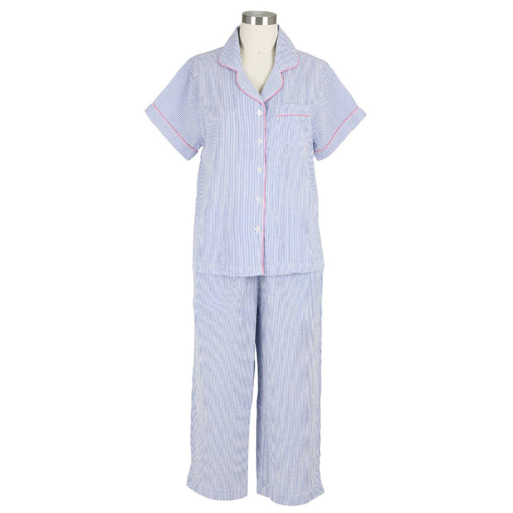 Blue striped pajama set on a mannequin against a white background