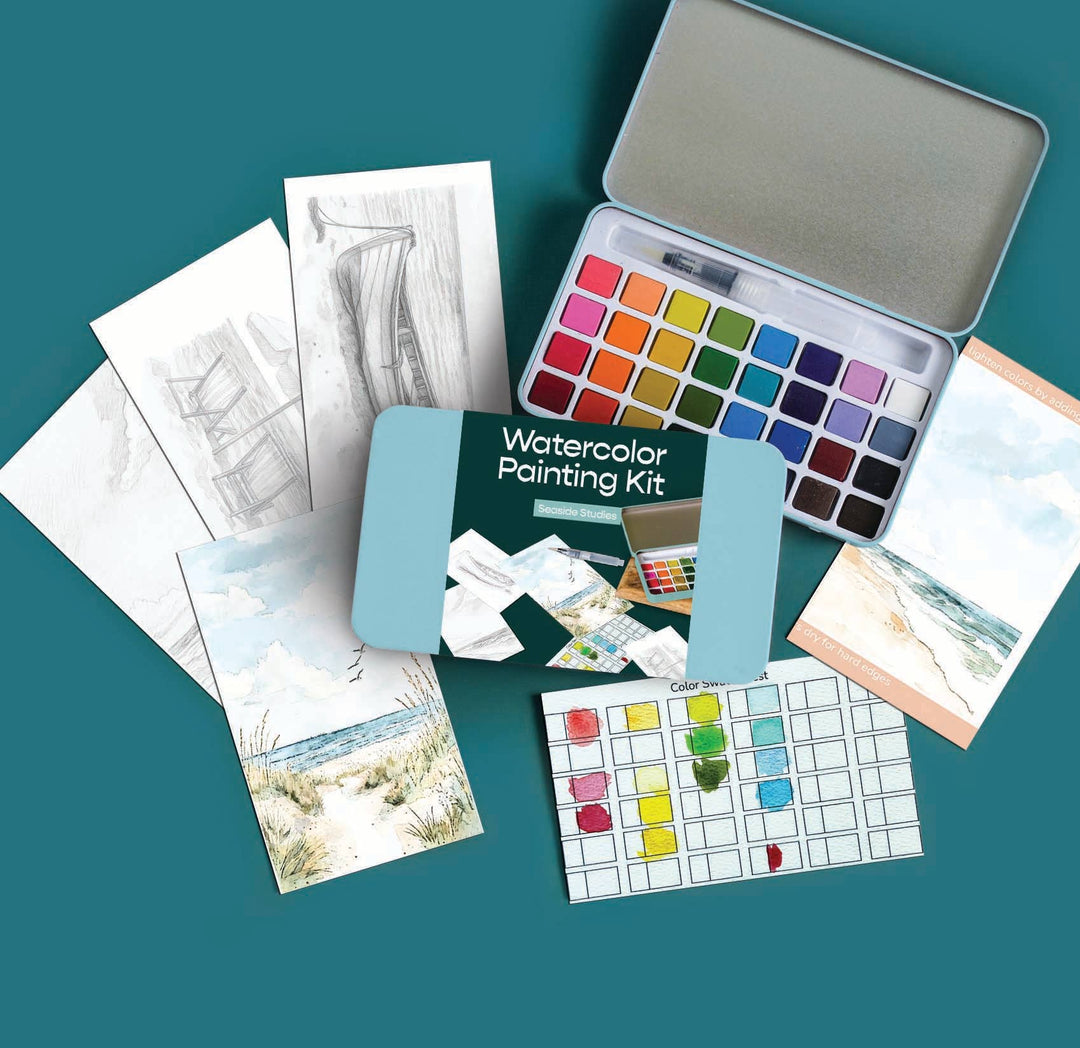 Watercolor painting kit with paint swatches, color chart, and sample artworks on a teal background.