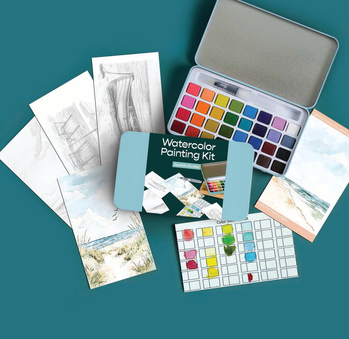 Watercolor painting kit with paint swatches, color chart, and sample artworks on a teal background.