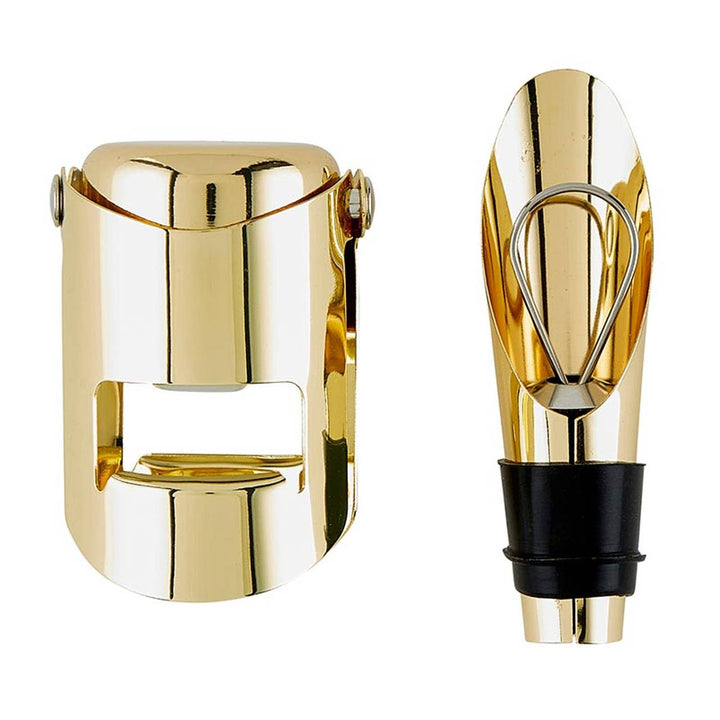 Gold wine bottle stopper with black cork on a white background