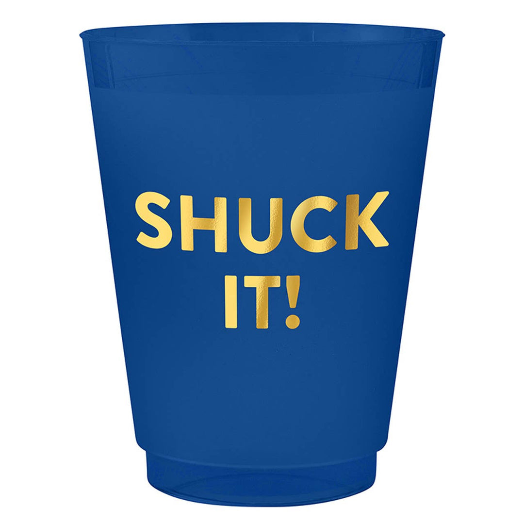 Blue plastic cup with gold text 'SHUCK IT!' on a white background
