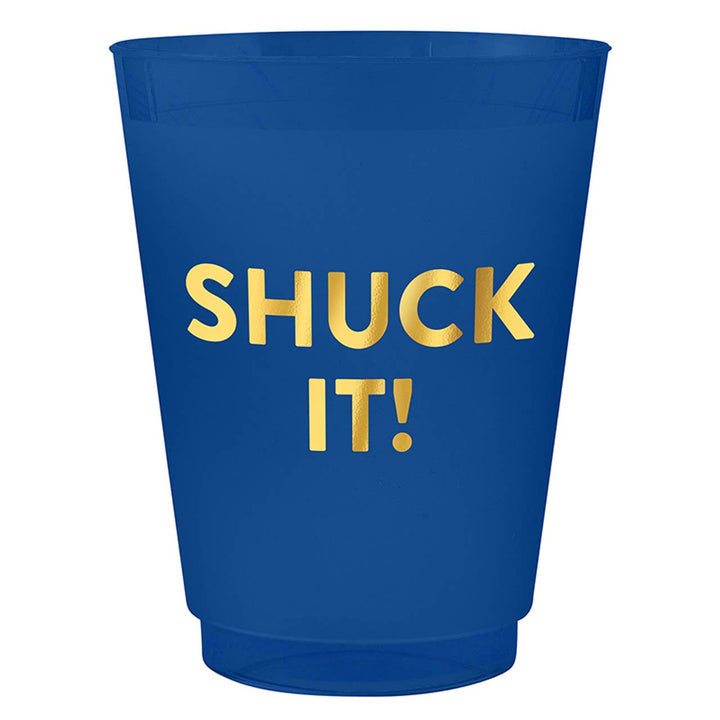 Blue plastic cup with gold text 'SHUCK IT!' on a white background