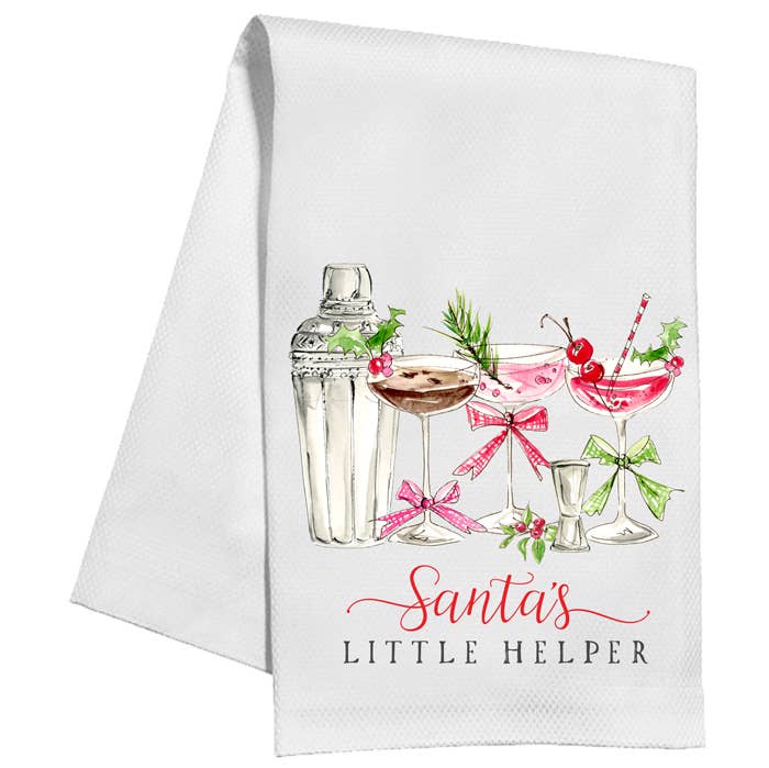 White towel with festive cocktail illustration and 'Santa's Little Helper' text