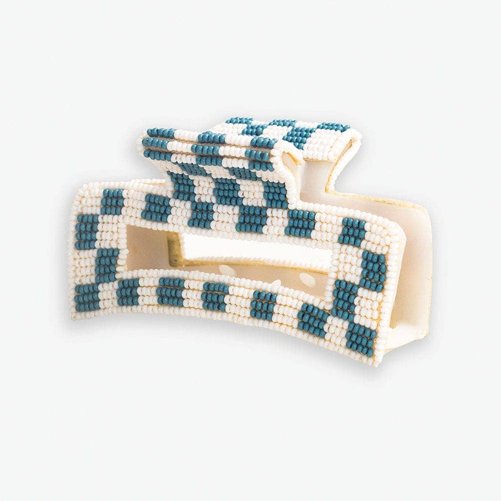 beaded hair clips with a checkered pattern on a white background