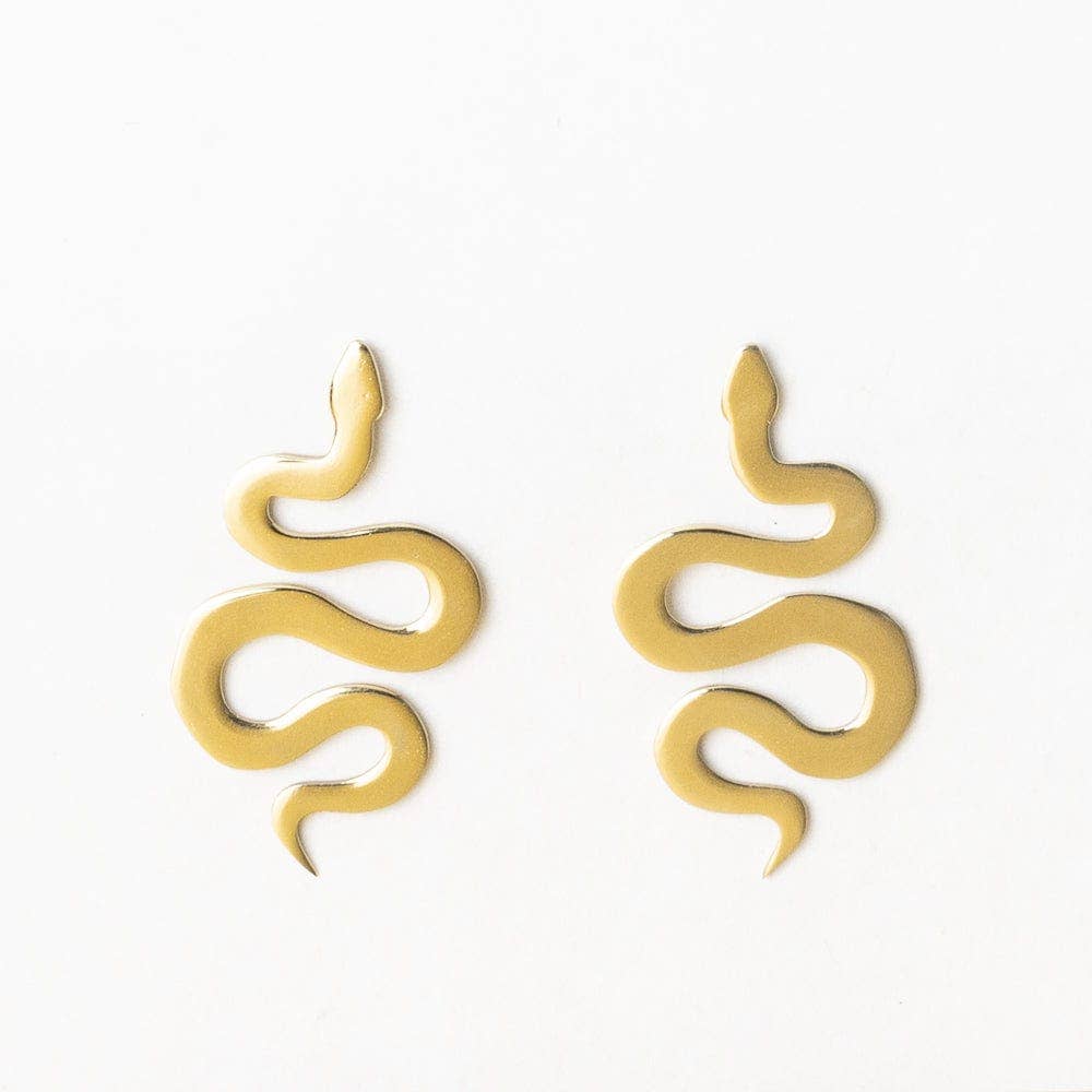 Gold snake-shaped earrings on a white background