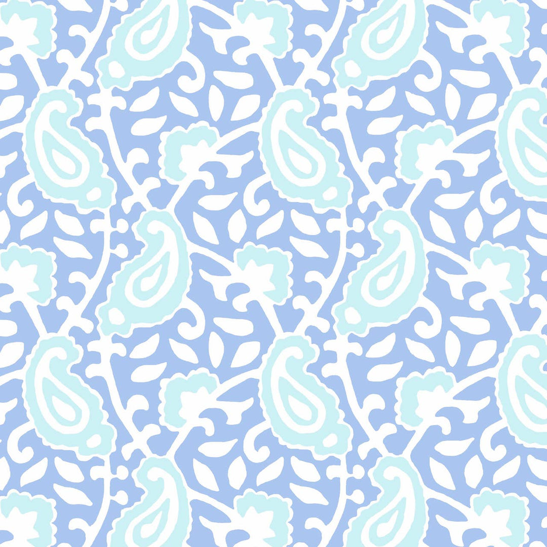 Pattern of light blue paisleys on a light purple background