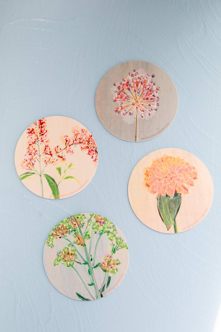 Chive Blossom Flower Coaster, Set of 4, Botanical Flower Art