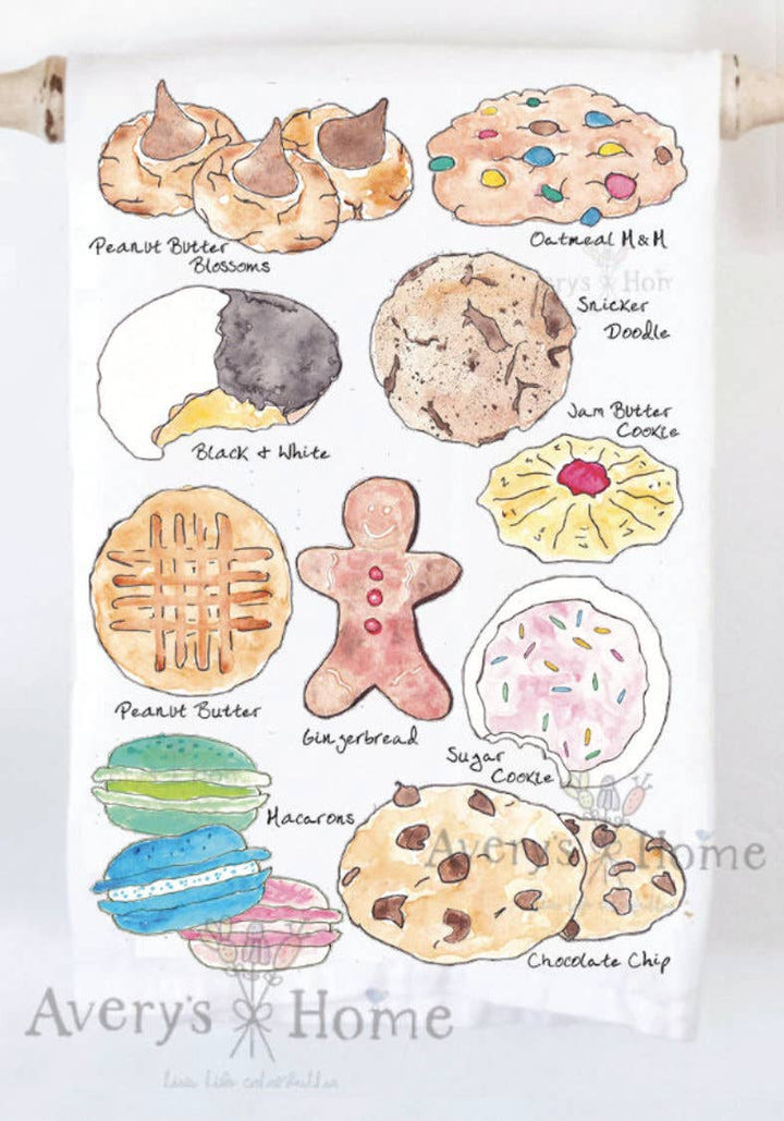 Illustration of various cookies with labels on a white background, featuring the brand 'Avery's Home'.