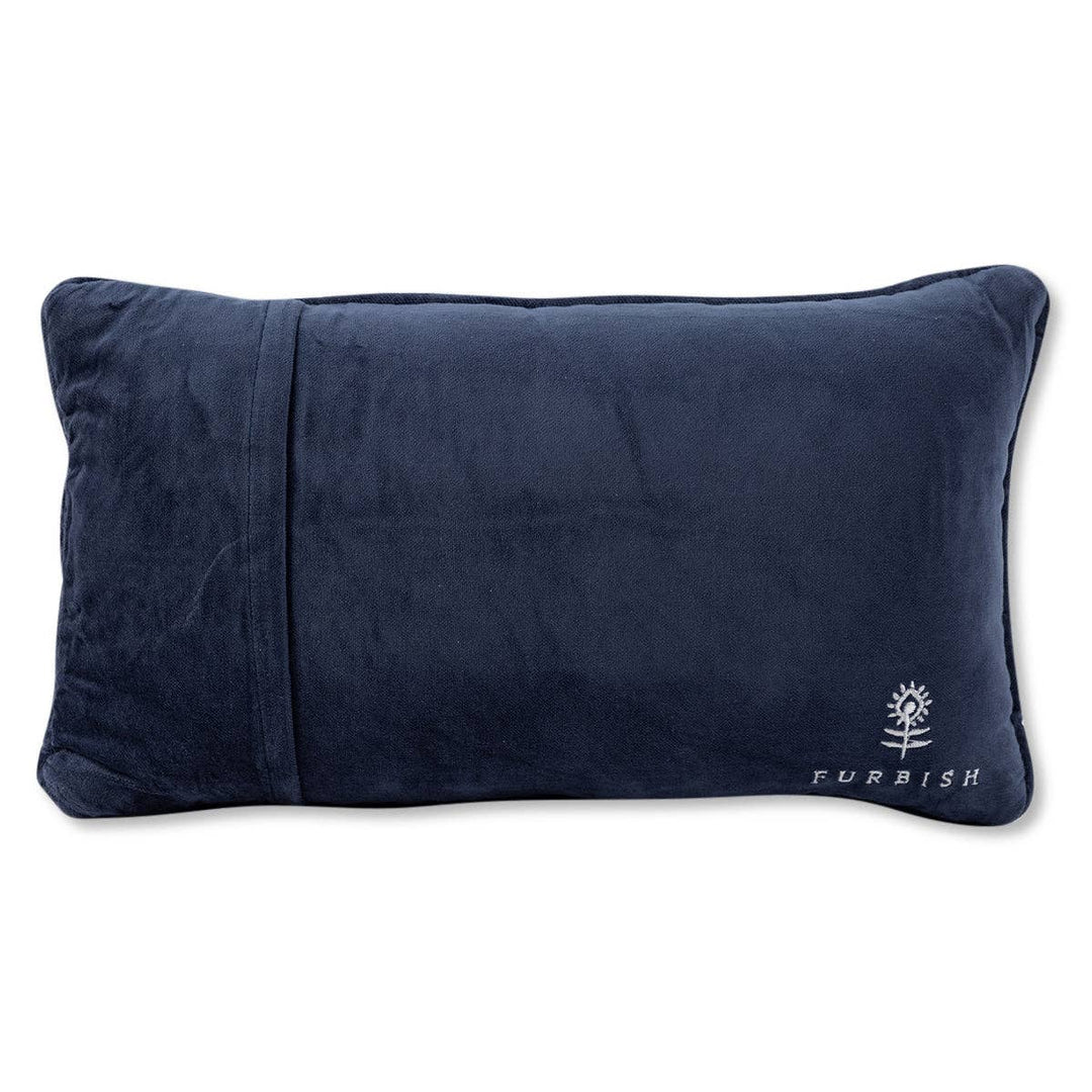 Navy blue pillow with a brand logo on a white background