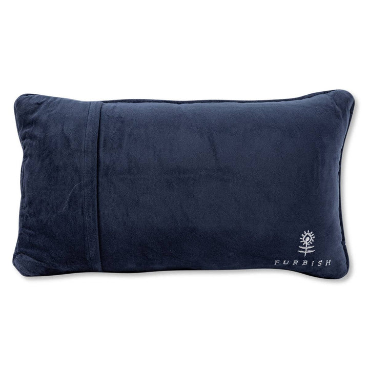Navy blue pillow with a brand logo on a white background