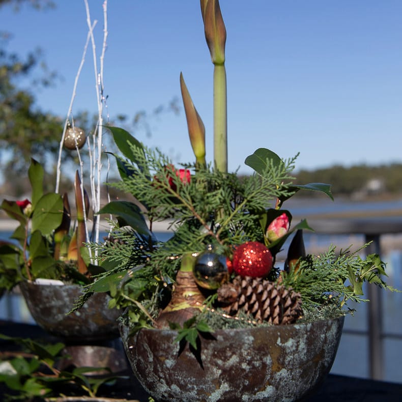 A decorative holiday centerpiece arranged in a distressed silver bowl on a black table, with greenery, pinecones, red ornaments, and tall green stems, photographed outdoors against a blue sky and water background.