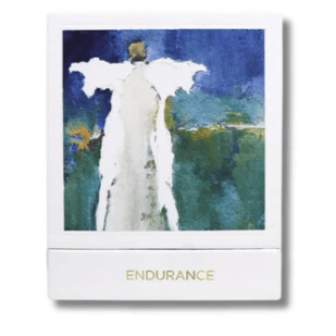 A square white art print or card featuring an abstract painting of a white-robed figure against a deep blue and green background, with the word ENDURANCE printed in gold at the bottom.