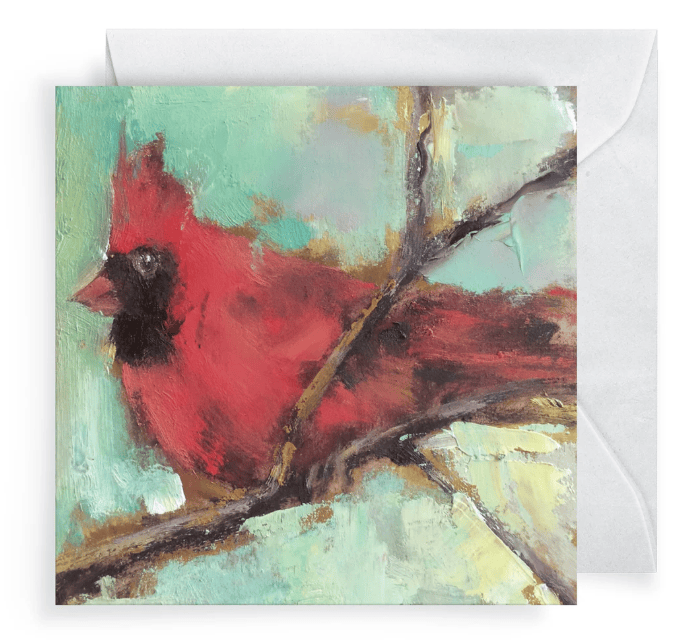Card with a red cardinal bird on a branch against a textured background