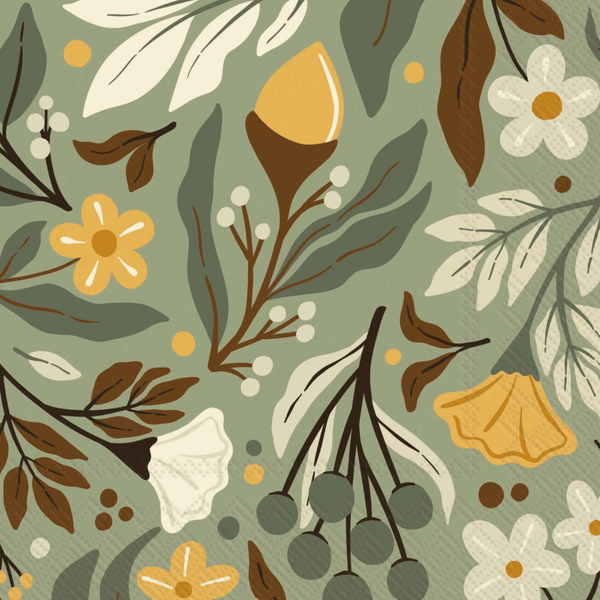 Cocktail napkin with A repeating botanical pattern featuring stylized flowers, leaves, and berries in muted yellow, cream, brown, and olive green tones on a sage green background.
