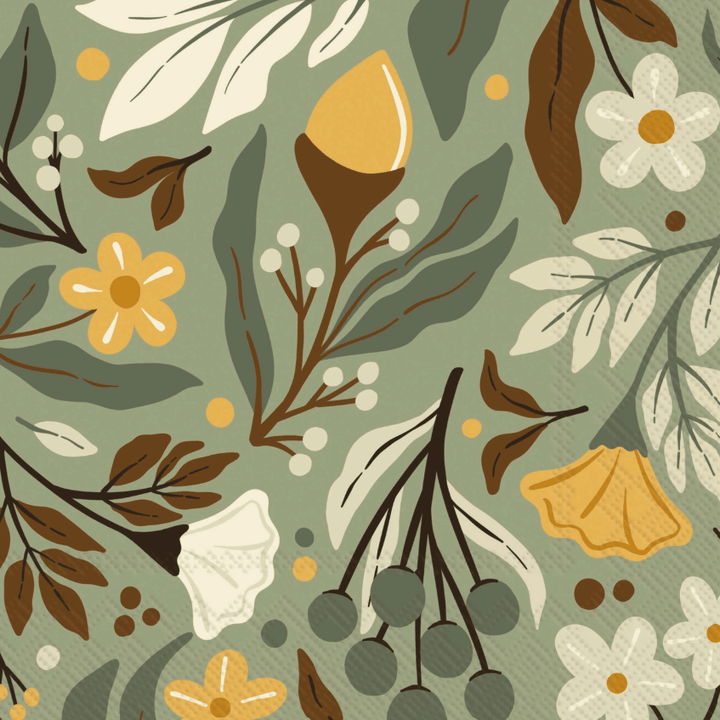 Cocktail napkin with A repeating botanical pattern featuring stylized flowers, leaves, and berries in muted yellow, cream, brown, and olive green tones on a sage green background.