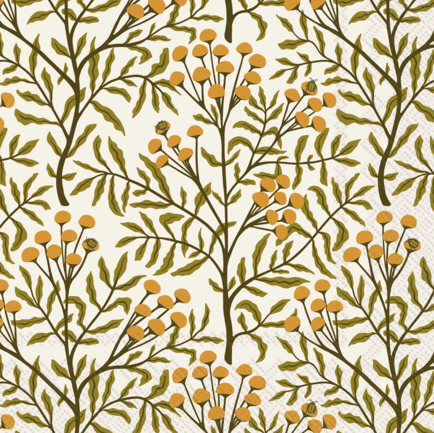 Cocktail Napkin with A repeating botanical pattern featuring olive green leaves and clusters of small round orange-yellow berries on brown branches, set against a warm off-white background.