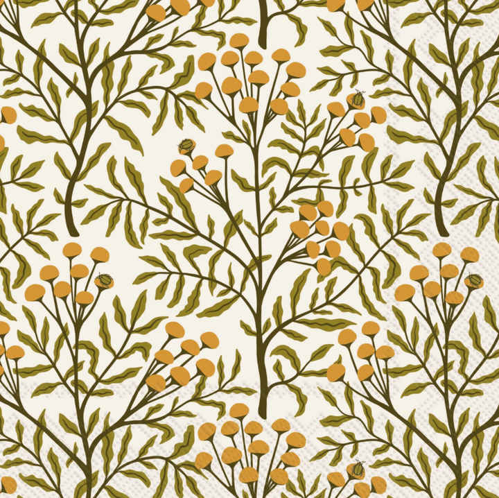Cocktail Napkin with A repeating botanical pattern featuring olive green leaves and clusters of small round orange-yellow berries on brown branches, set against a warm off-white background.