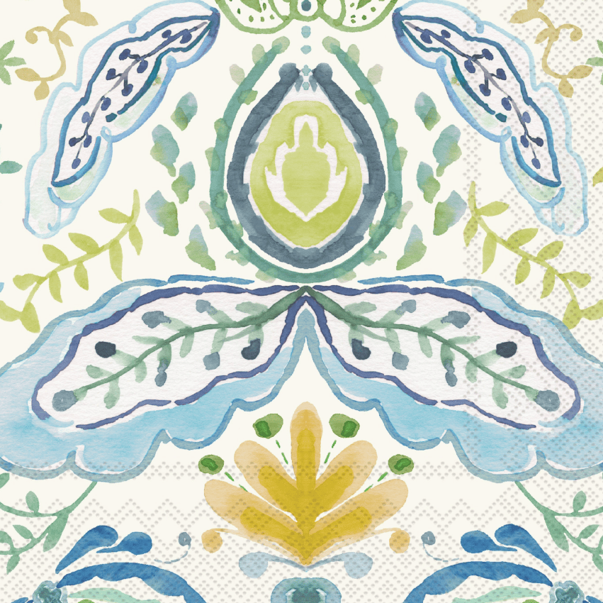A close-up of a watercolor-style decorative pattern on a white textured background, featuring symmetrical leaf and floral motifs in light blue, green, yellow, and navy.