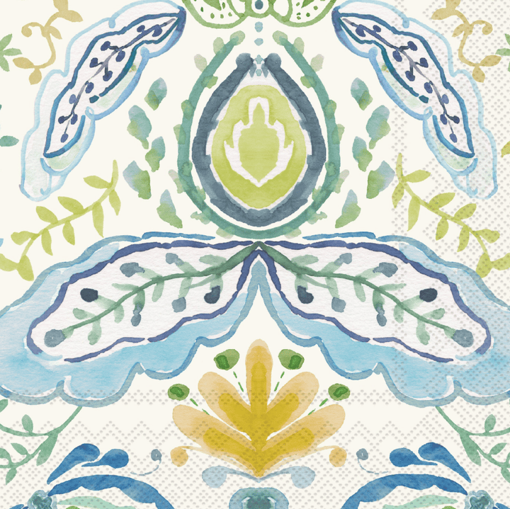 A close-up of a watercolor-style decorative pattern on a white textured background, featuring symmetrical leaf and floral motifs in light blue, green, yellow, and navy.