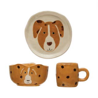 Ceramic Dinner Set for babies and toddlers with a fun dog and polka dot print