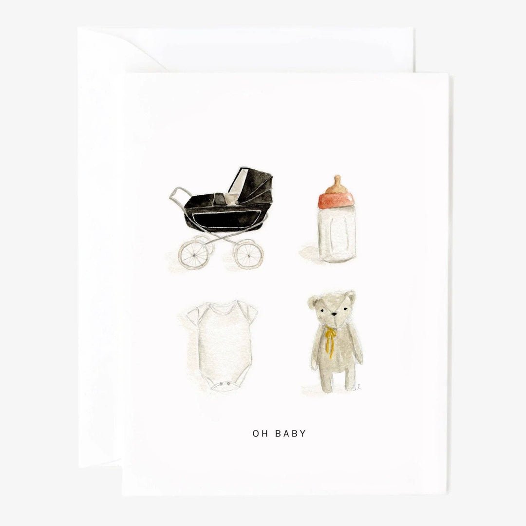 Illustrations of baby items including a stroller, bottle, onesie, and teddy bear on a white background with 'OH BABY' text.