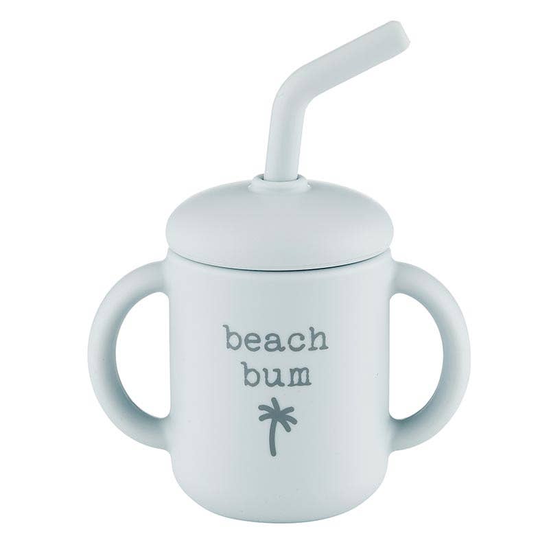 Light blue sippy cup with straw and 'beach bum' text on a white background