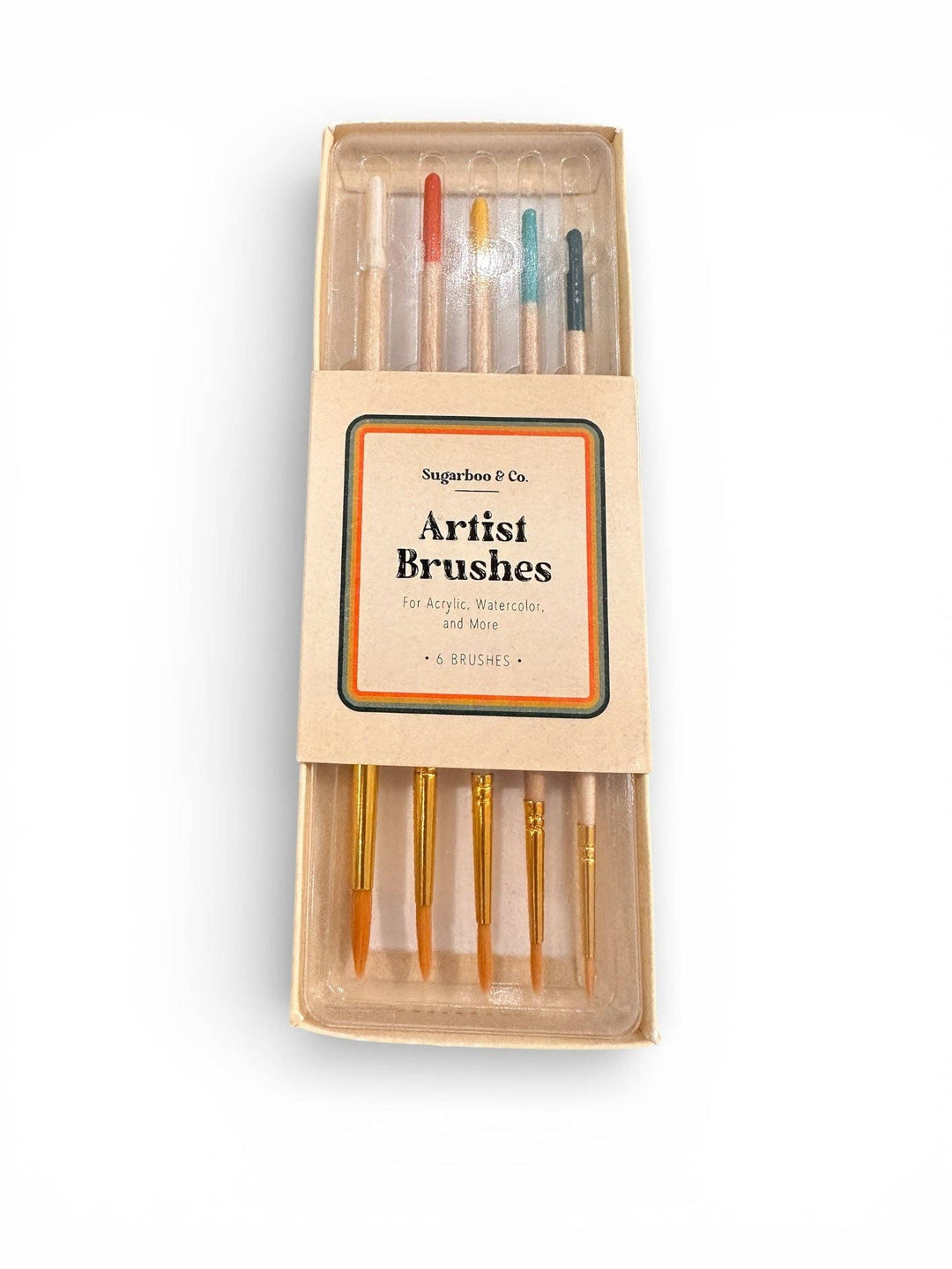 Set of artist brushes in a wooden box with 'Sugarboo & Co' branding.