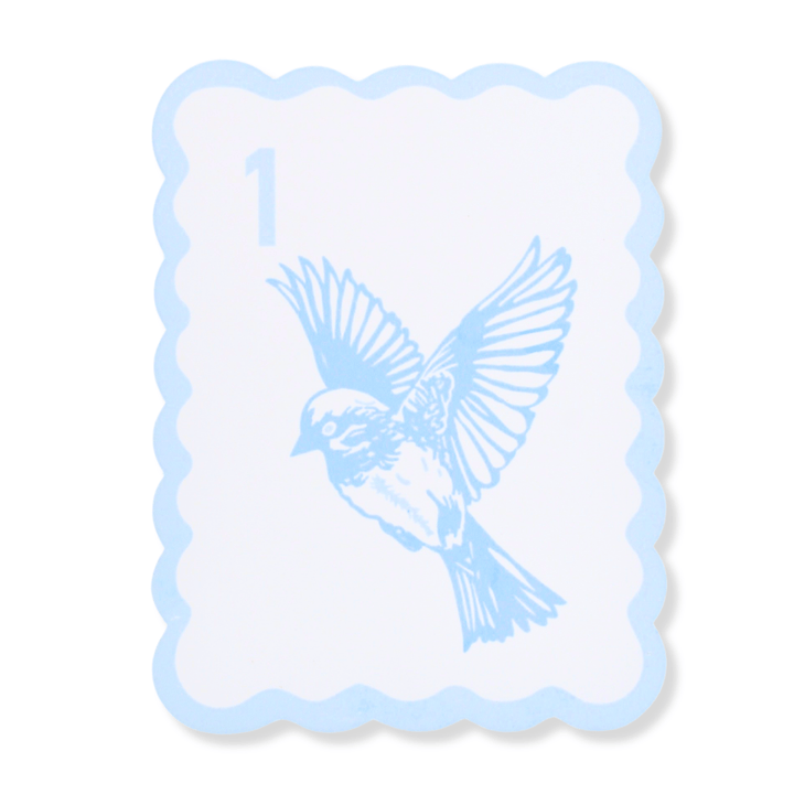 A scalloped edge bird bam tile shuffler with a light blue border, a pale blue bird illustration, and the number 1 printed near the top left, shown on a white background.