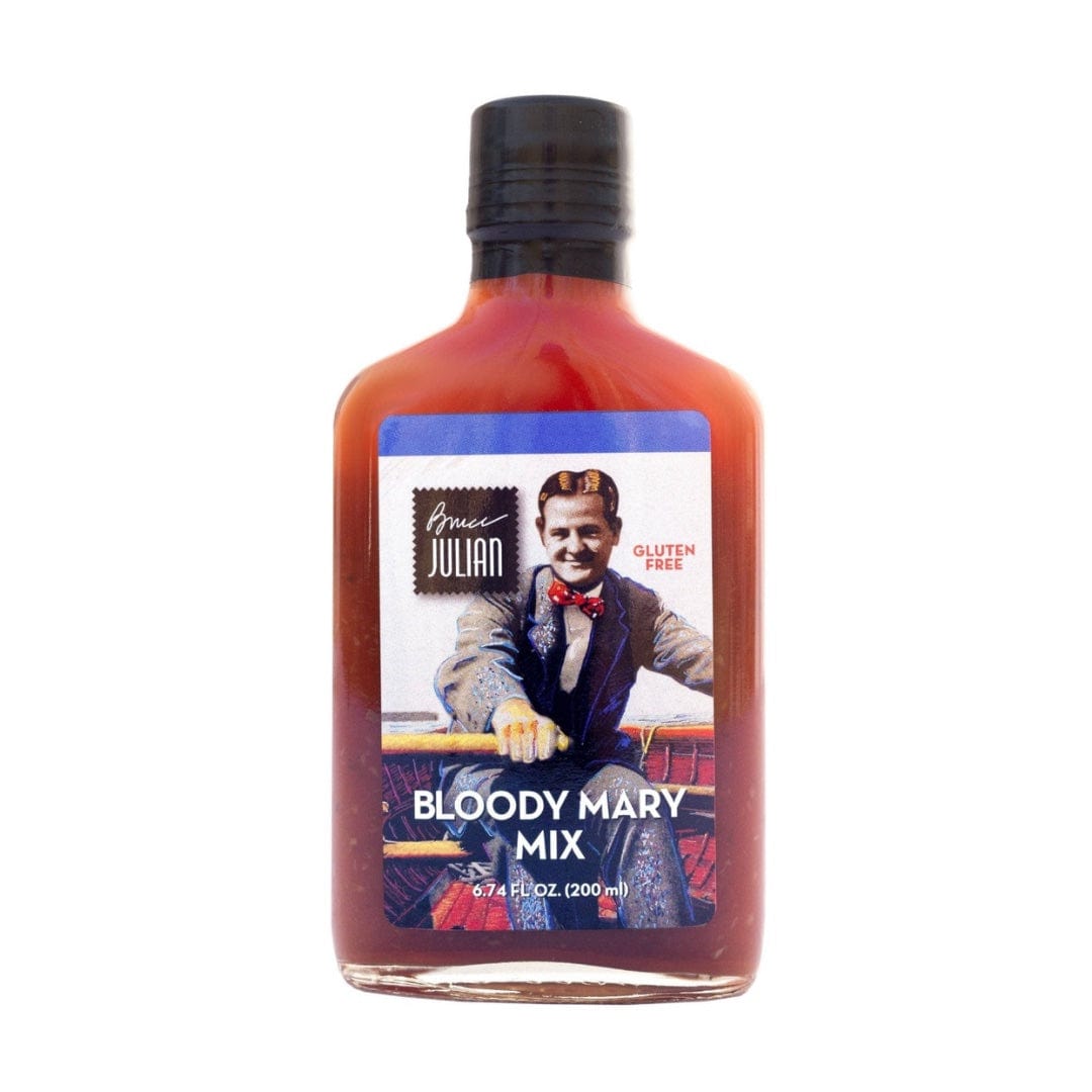 Bottle of Bloody Mary mix with a label featuring a man and the brand name on a white background.