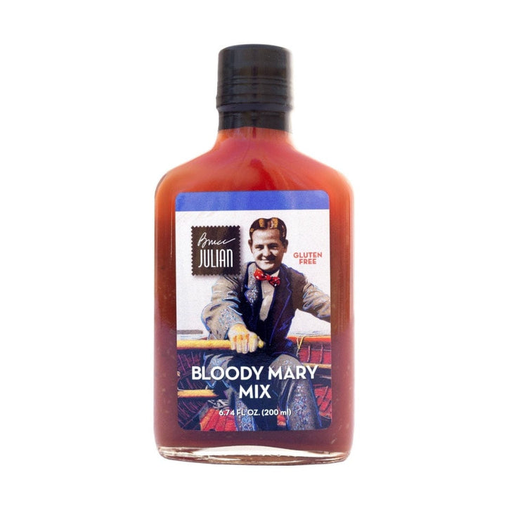 Bottle of Bloody Mary mix with a label featuring a man and the brand name on a white background.