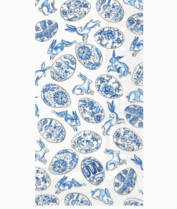 Paper guest towel with 
Pattern of blue Easter eggs and bunnies on a white background