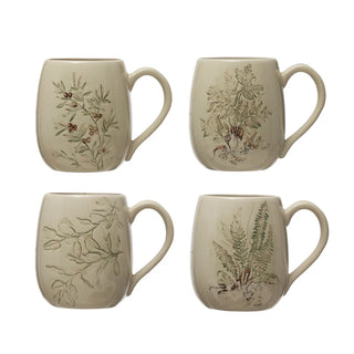 Debossed Stoneware Mug w/ Botanical Pattern, Reactive Crackle Glaze, Cream Color & Green
