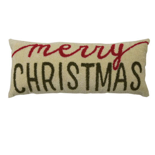 A rectangular beige throw pillow with 'merry CHRISTMAS' embroidered on the front in red and dark green lettering, shown against a plain white background.