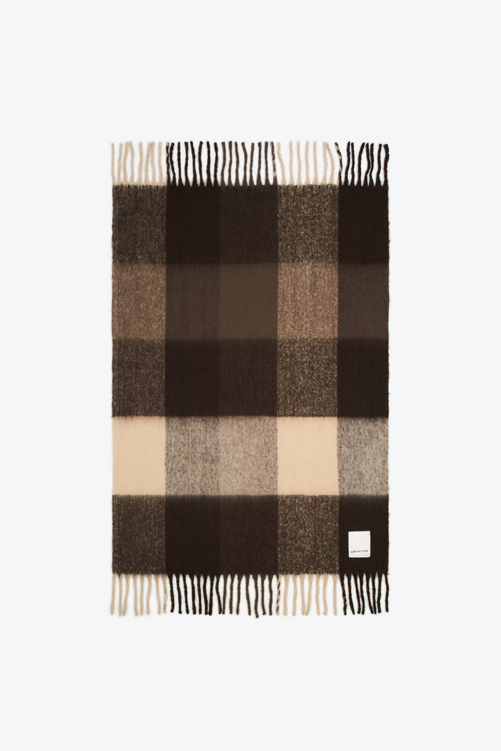 Brown, cream and heather brown throw blanket with fringe. 