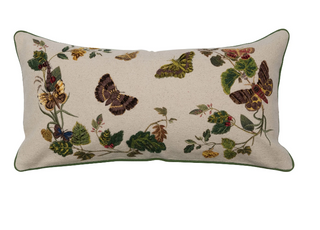 24"L x 12"H Cotton Lumbar Pillow w/ Butterflies, Flowers, Embroidery & Piping, Multi Color