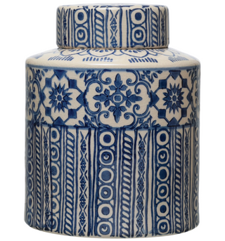 This exquisite decorative stoneware ginger jar with patterns is a gorgeous addition to any decor. Add a touch of elegance to your bedroom, living room, kitchen, entryway, or office with this beauty.  8" Round x 10-1/4"H Decorative Stoneware Ginger Jar w/ Pattern, Blue & Cream Color