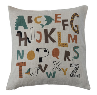 20" Square Cotton Printed Pillow w/ Abstract Alphabet, Down Fill, Multi Color. Perfect for baby nursery or child's room. Baby shower gift or home decor.