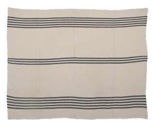 60"L x 50"W Woven Cotton Double Cloth Stitched Throw w/ Stripes & Frayed Edges, Cream Color & Black