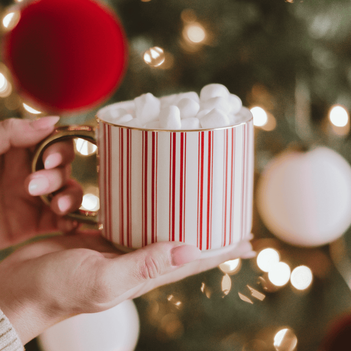 Hand holding a mug with red and white stripes filled with hot chocolate and marshmallows, against a Christmas tree background.